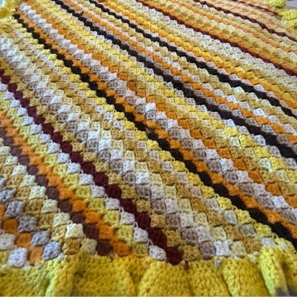 Grannycore Handmade Afghan‎ Autumn Stripe Colors with Ruffles 68